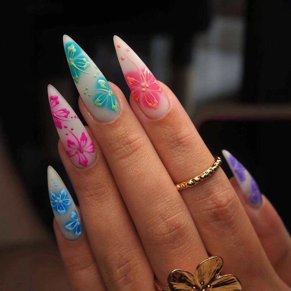 24PCS Retro Purple Flowers Gradient Stiletto False Nails with Sweet Butterfly Pattern Almond Press on Nails Wearable Simple Nail