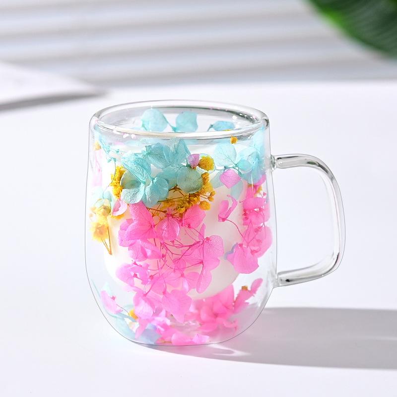 Double-Wall Dried Flower Glass Mug - Heat-Resistant Decorative Coffee/Tea Cup (Multi-Color Options)