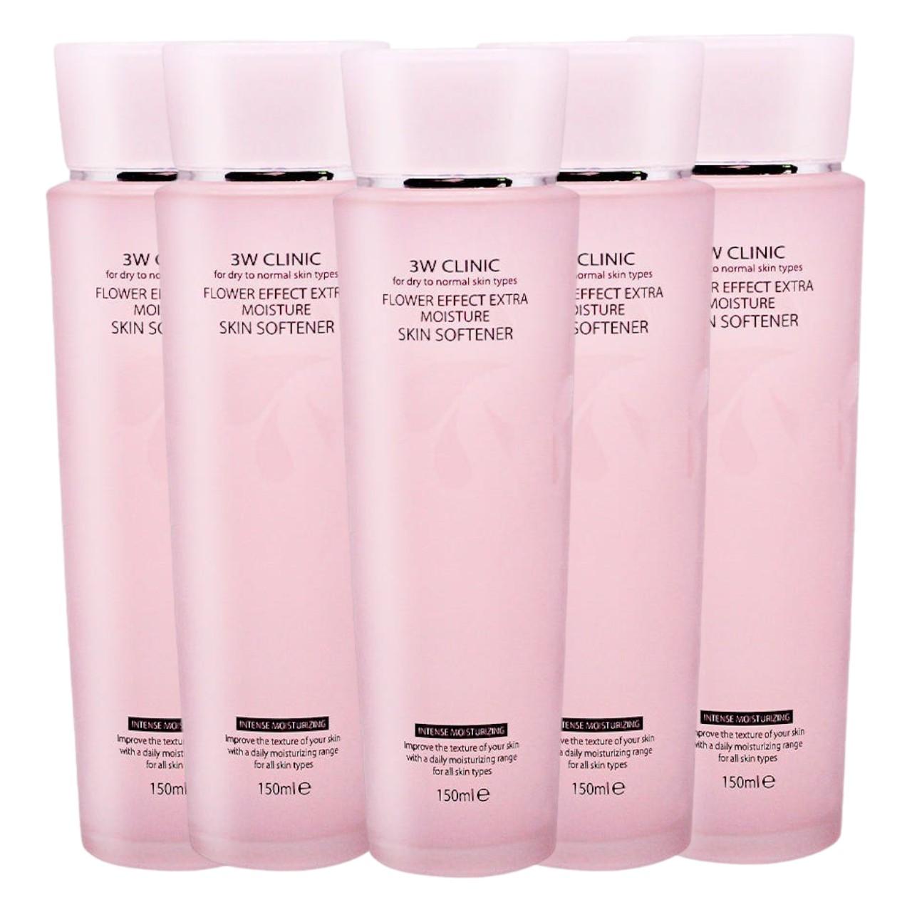 

3W Clinic Flower Effect Extra Moisture Skin Softener 150ml (Pack of 5) - Hydrating & Smoothing Facial Toner with Collagen & Water Lily Extract
