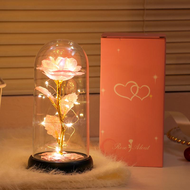 

Креативный ночник в виде розы: Украшение из стабилизированных цветов и подарок для девочек Medium with Dome (Pink Box)