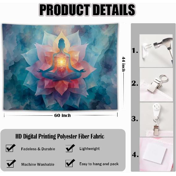 YJDYJD Meditation Wall Tapestry – Spiritual Chakra Wall Hanging with Lotus Flower Design, Mindfulness Yoga Wall Art and Boho Spiritual Decor for