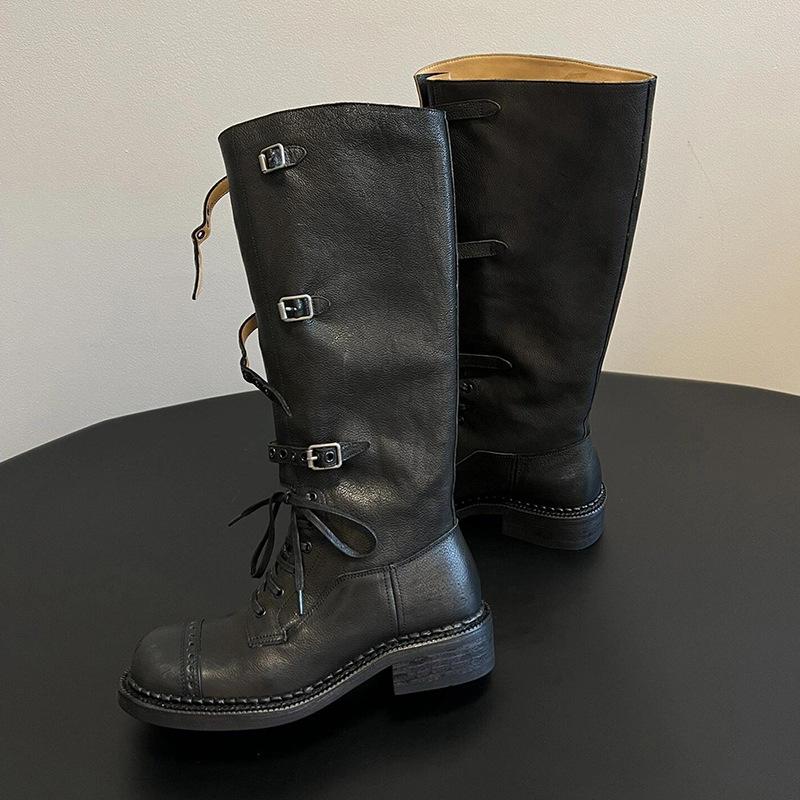 Vintage Strap-on Western Cowboy Boots Thick Heel Buckle Do Old Leather Merard Tall Knight Martin Boots Children