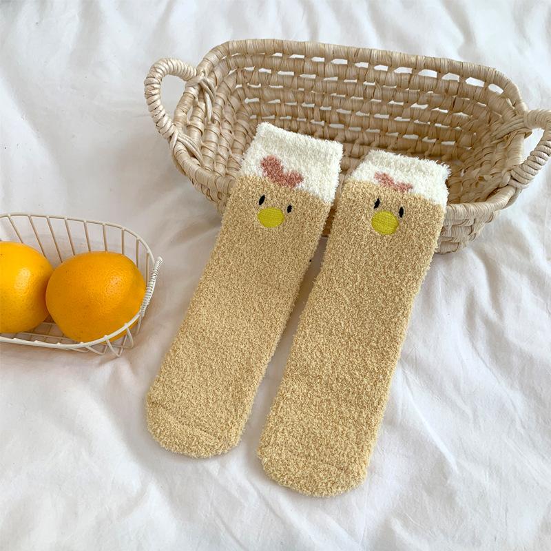 Winter Coral Fleece Socks Female Cartoon Cute Plush Thickened Sleeping Socks Female Medium Tube Floor Confinement Socks Female
