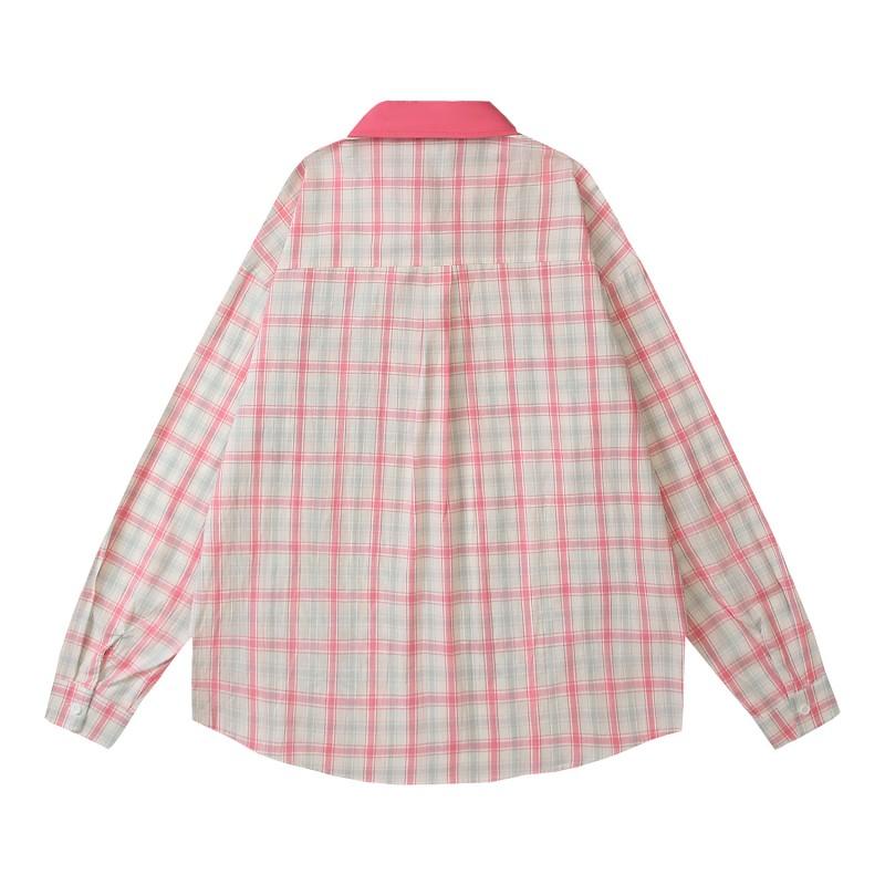 American Retro Pink Plaid Cartoon Embroidered Long Sleeve Shirt Loose Casual Top Men