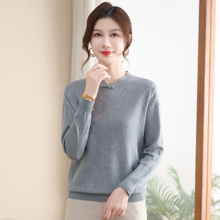 New Middle-aged Knitted Bottoming Sweater Hundred-tower Top Mother's Autumn and Winter Fashion National Wind Cheongsam Collar Sweater