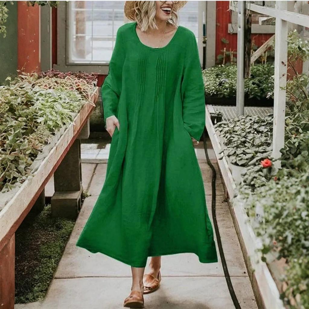 Women's Ound-neck Pleated Skirt With Pockets, Long-sleeved Cotton And Linen Dress
