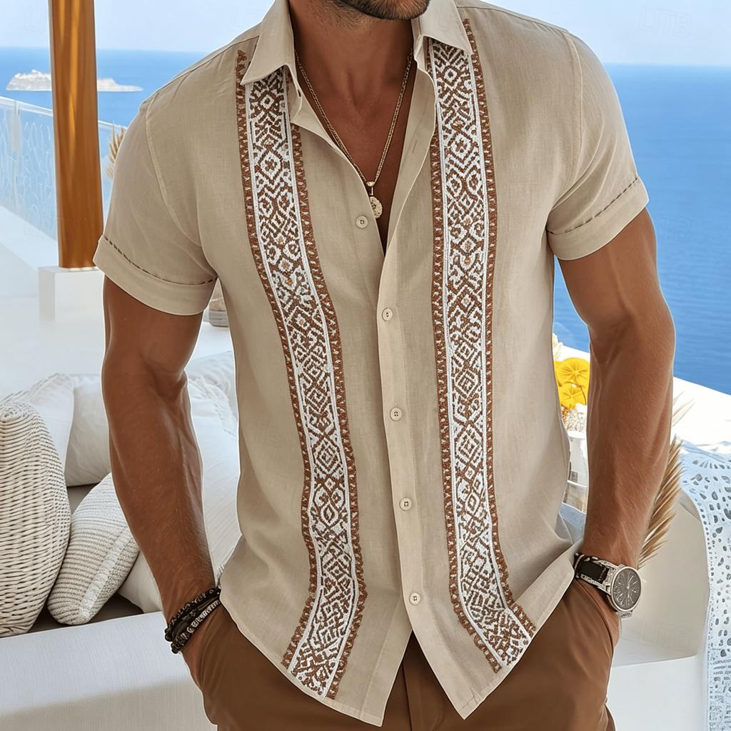 Men's Ethnic Geometric Print  Shirt, White Boho Casual Short Sleeve for Summer