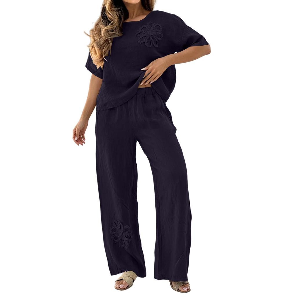 Women's Casual Loose Fit Embroidered Short Sleeve Top and Wide Leg Pants Two-Piece Set