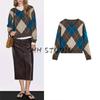 MD Autumn Women Clothes Preppy Fleece Blended Diamond Plaid Retro V-neck Sweater Knit 5692593