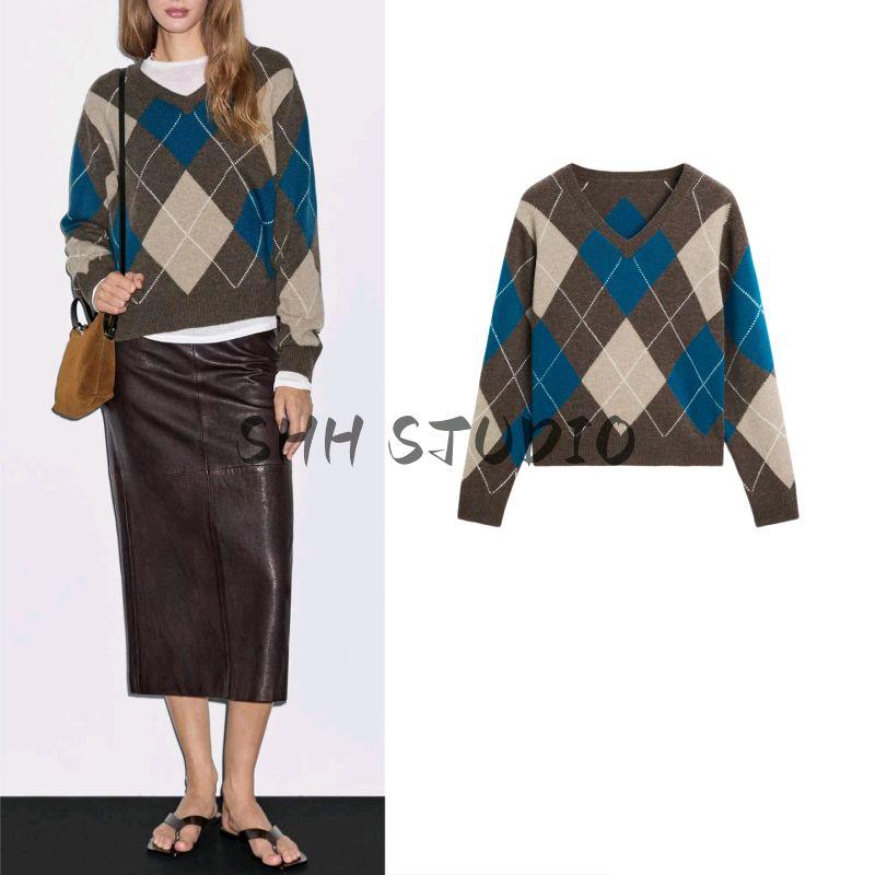 MD Autumn Women clothes Preppy Fleece Blended Diamond Plaid Retro V-neck Sweater Knit 5692593