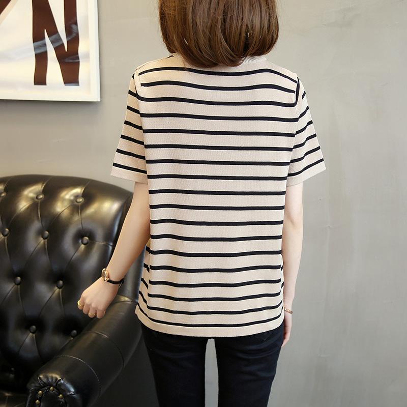 Ice silk knitted sweater women's summer 2025 new pullover round neck thin horizontal striped short sleeve embroidery women's clothes