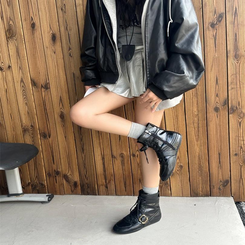 Höhenvergrößernde Boxstiefel Damen modische Schnürung runde Zehenpartie Plateau Maillardbraun Retro-Riemen mittelhohe Schaftweite kurze Stiefel