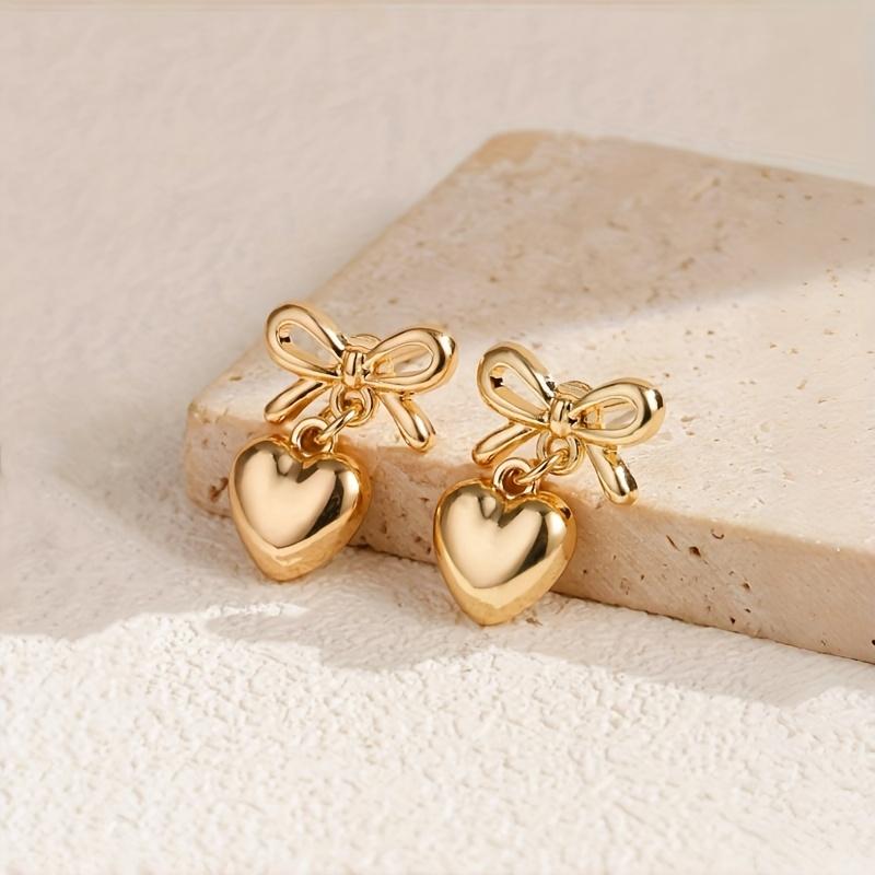 Charming Vintage Bow Heart Dangle Earrings, Elegant Style for Women, Perfect for Daily Commute Vacation Wear