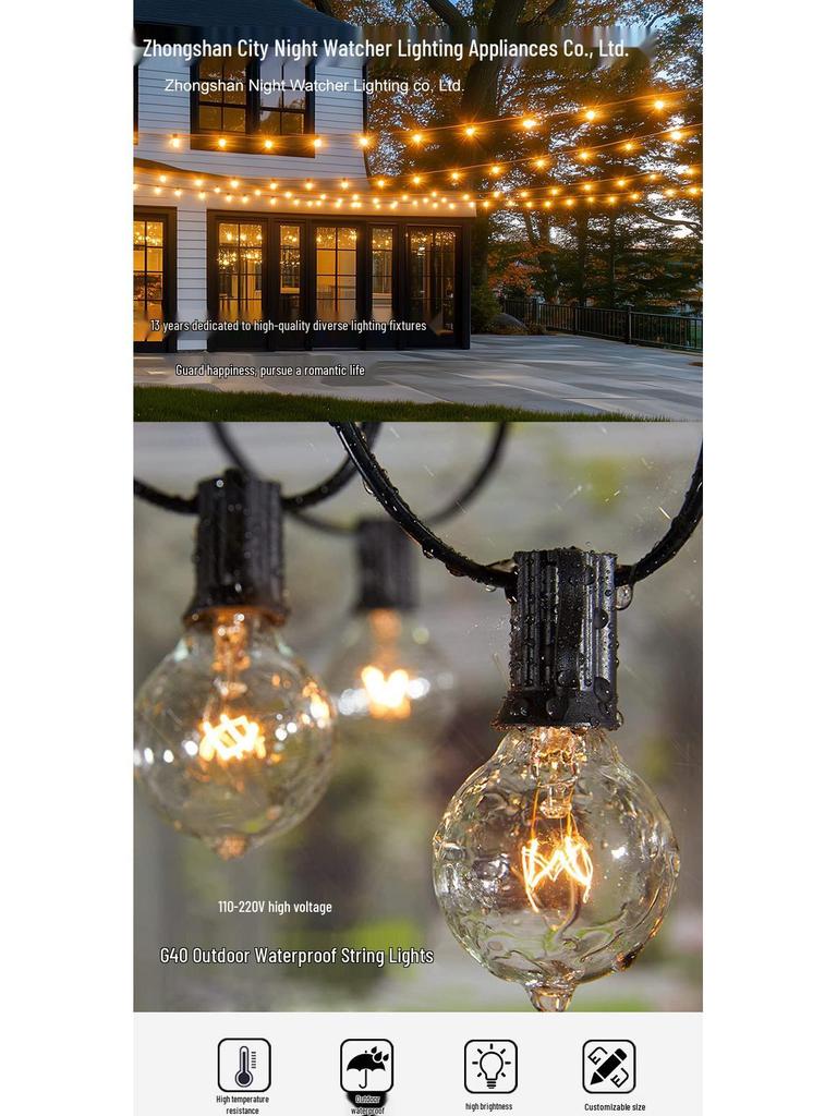 Waterproof Outdoor G40 Tungsten String Lights for Courtyard, Camping, and Christmas Decoration