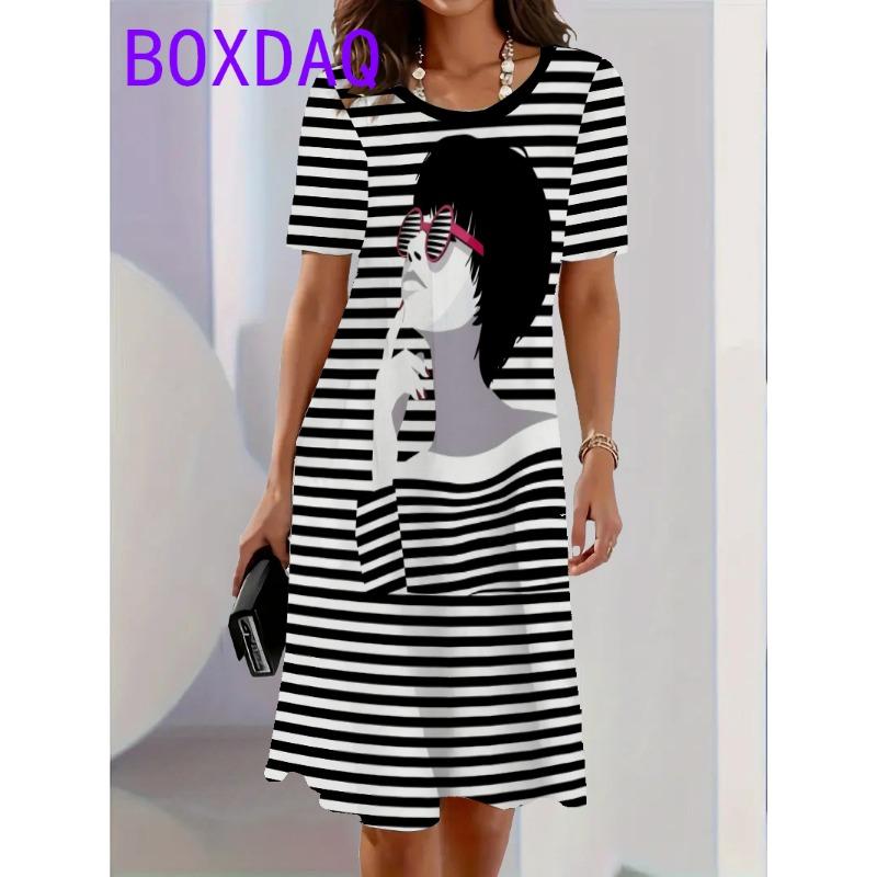 Classic Retro Striped Print Women Dresses Summer Casual Fashion Dress Short Sleeve O-Neck Loose A-Line Dress Women Sundress