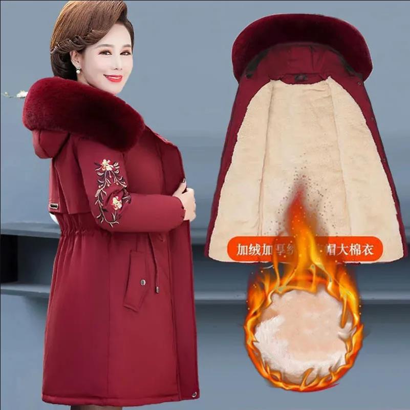 Autumn Winter Coat Down Cotton Jacket Middle-Aged Women Long Quilted Jackets Female Warm Hooded Fur Collar Parker Overcoat