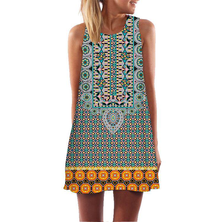 European and American New Retro Digital Printing Crew Neck Hot-selling Off-the-shoulder Medium and Long Vest Dress