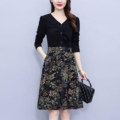 Splicing Fake Two Piece Dress Long Sleeved Women's Early Autumn New Style Light Luxury Fashion V-neck Slim A-line Dress