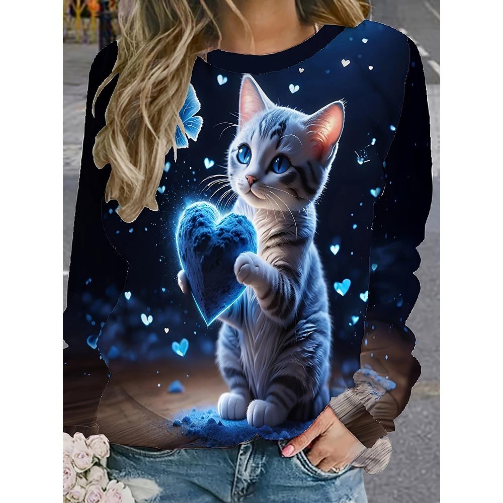 2025 New 3D Cat Print Women's Spring and Autumn Long-Sleeve T-Shirt, Casual Versatile Urban Street Style Top for Women