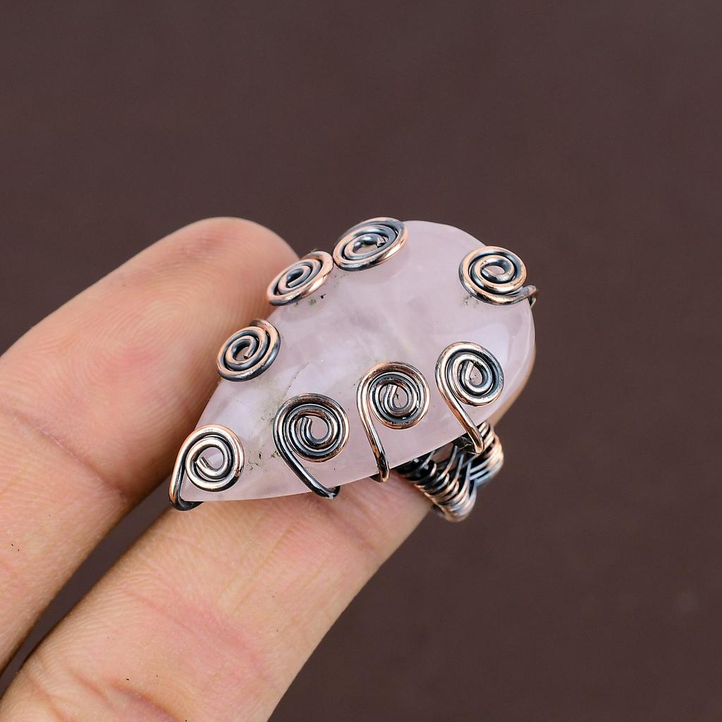 Rose Quartz Handmade Copper Wire Wrap Jewelry Ring Size 9.5 a5z95