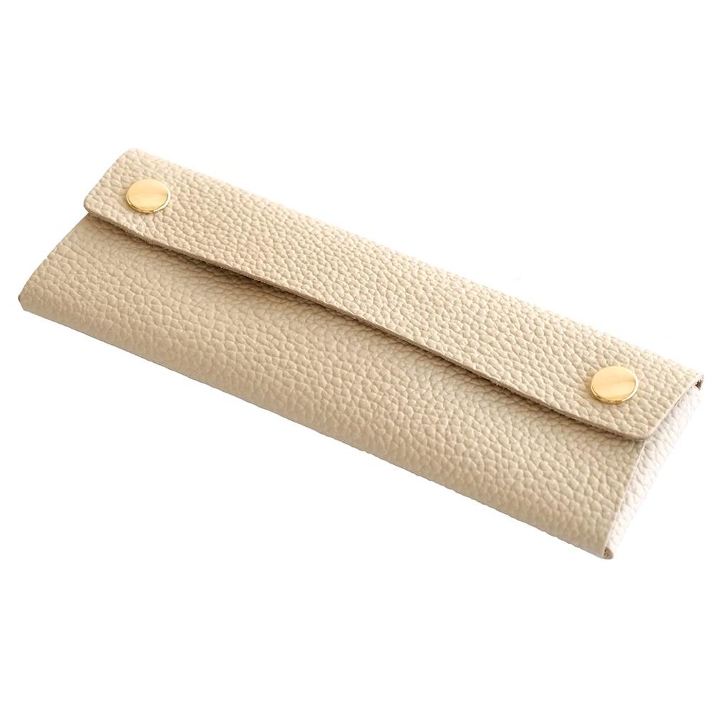 Corale Genuine Leather Pencil Case with Snap Made in Himeji Leather Buttons, Japan, (Cream Beige)