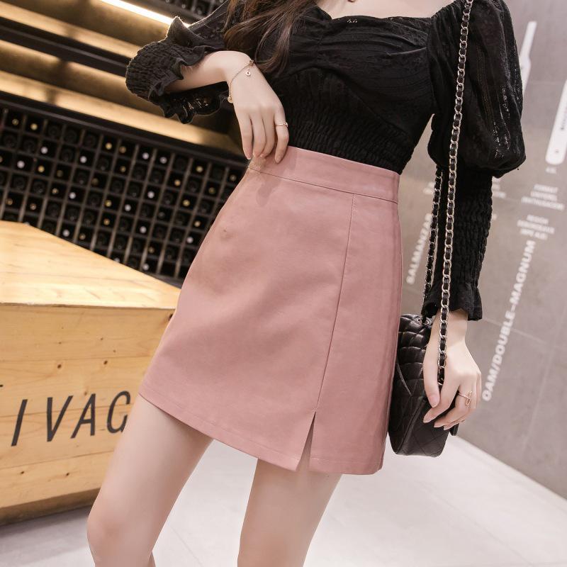 2024 Autumn/Winter Black PU Leather High Waist A-Line Midi Skirt with Slit - Sexy, Slimming Women's Hip Wrap Skirt