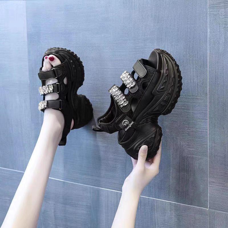 Mode 8cm Mesh Synthetikleder Klobige Sandalen Sommer Damen Plateau Keil Kristall Sportliche Sneaker Damen Gladiator Sandalen Frau