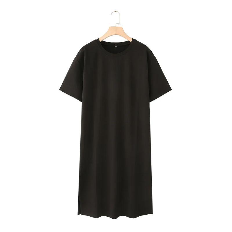 Summer New Product Women's Clothes Round Neck Short Sleeve Slit Design Cotton Long A- Line T-shirt Dress 4174465