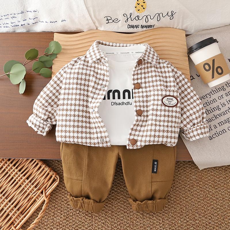 Boys' long sleeved three piece set - Autumn and winter checkered shirt jacket - White top - Casual pants set - high-quality clothes