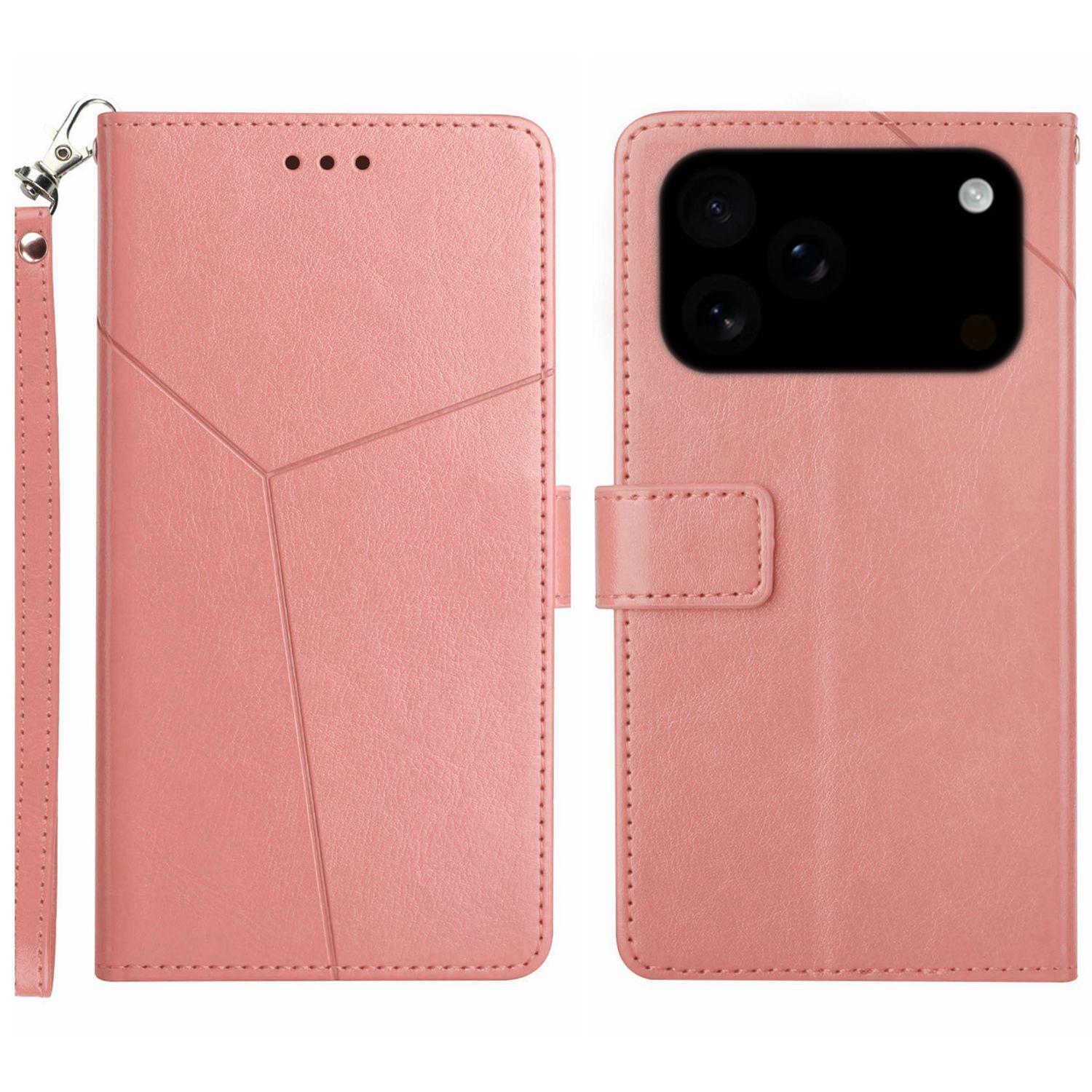 

For iPhone 17 Pro Case with Wrist Strap Y Shaped Lines Imprint Leather Phone Cover Pink