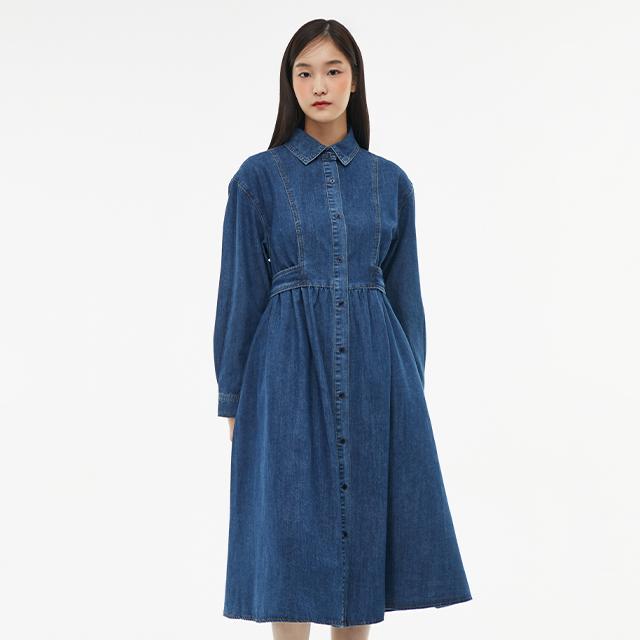 LAP Cut-Out Detail Shirt Collar Long Denim Dress Aq1Do262