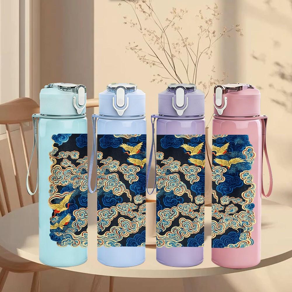 1PC Blue Bird On Branch Oriental Textile Print 750ml Color Plastic Sports Water Bottle Leakproof Flip Straw Lid Suitable for Sports Office Home Use
