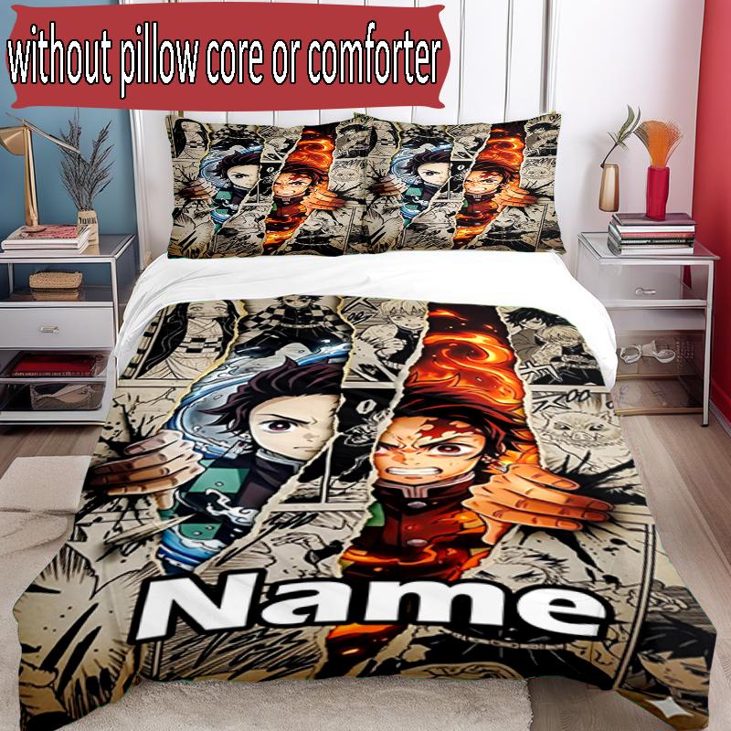 3pcs Duvet Cover Set (1*Duvet Cover + 2*Pillowcase, Without Core), Custom Name Demon Slayer Pattern Bedding Set, Home Bedroom Decor Gift