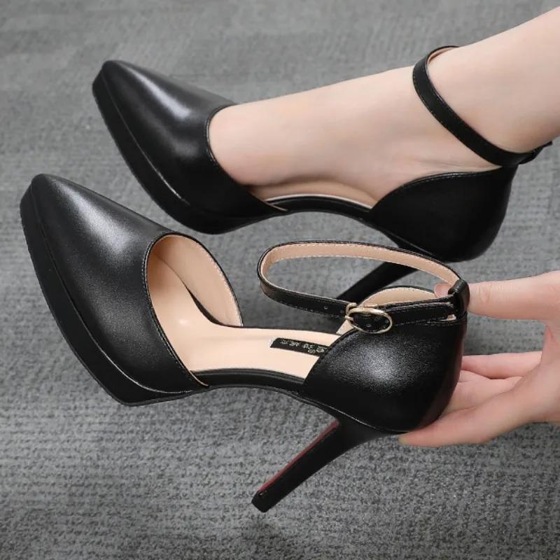 

Жіночі туфлі на високих підборах 10 см, туфлі-човники на платформі 2 см, босоніжки на шпильці для нічних клубів, стриптизерки, червоні туфлі на подіумі з ремінцями 34 чорний