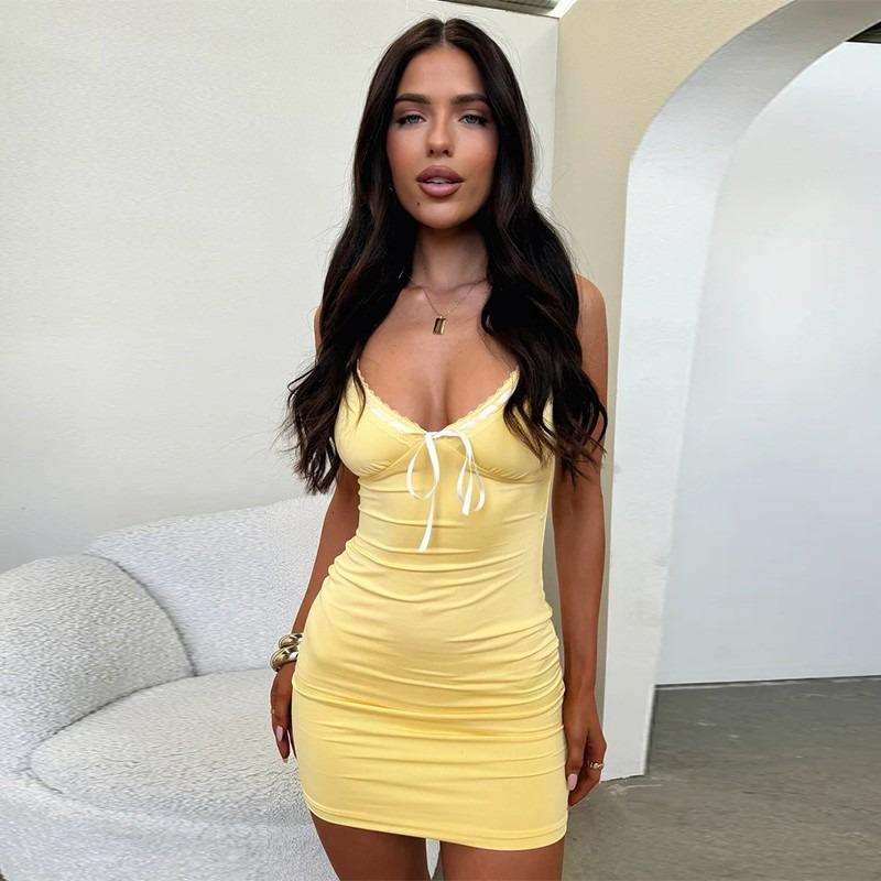 Autumn Dress Small Fragrance Quality Sexy Slim Contrast Color Drawstring Slip Dress Women