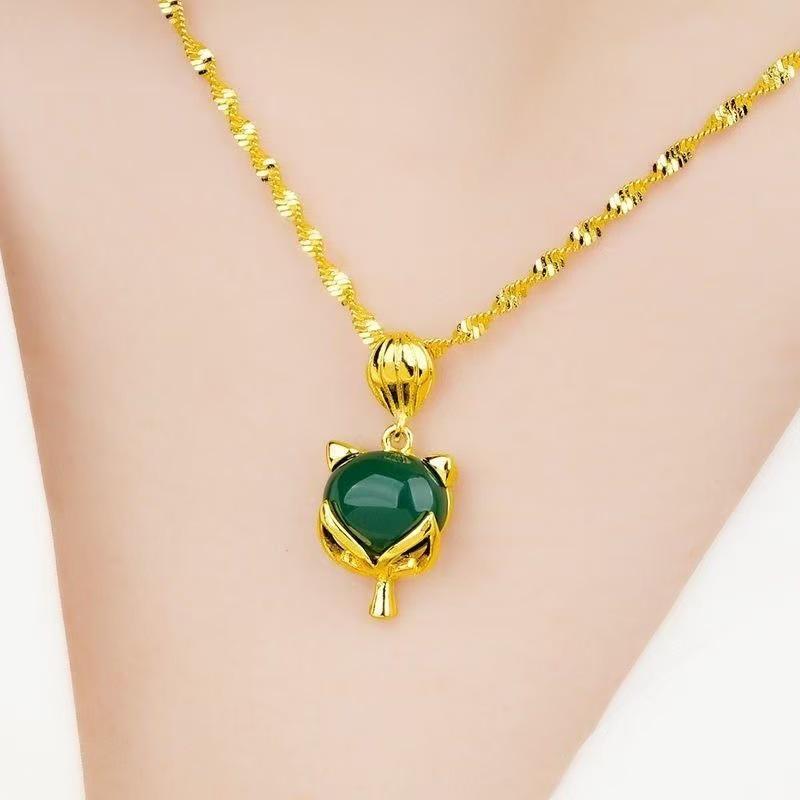 Cat's Eye Green Gold Water Wave Pendant Necklace for Women - Fashionable Luxury Clavicle Chain