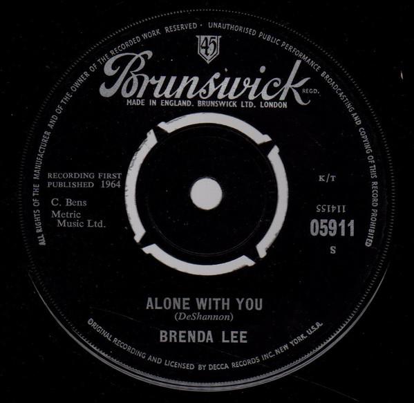 

7-дюймовая пластинка BRENDA LEE Alone With You 05911 Brunswick 1964 UK Rock Б/у