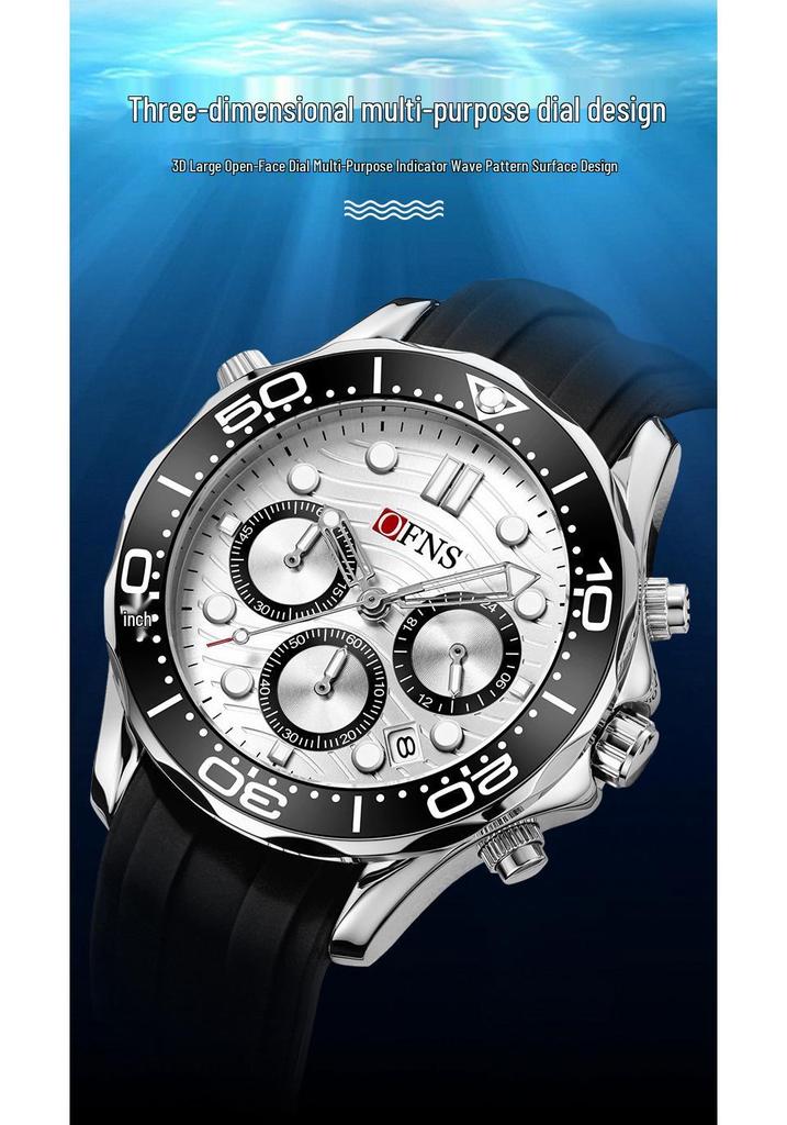 OFNS Men's Retro Waterproof Quartz Watch with Luminous Steel and Rubber Straps, Calendar, and Six-Hand Multi-Function Display.