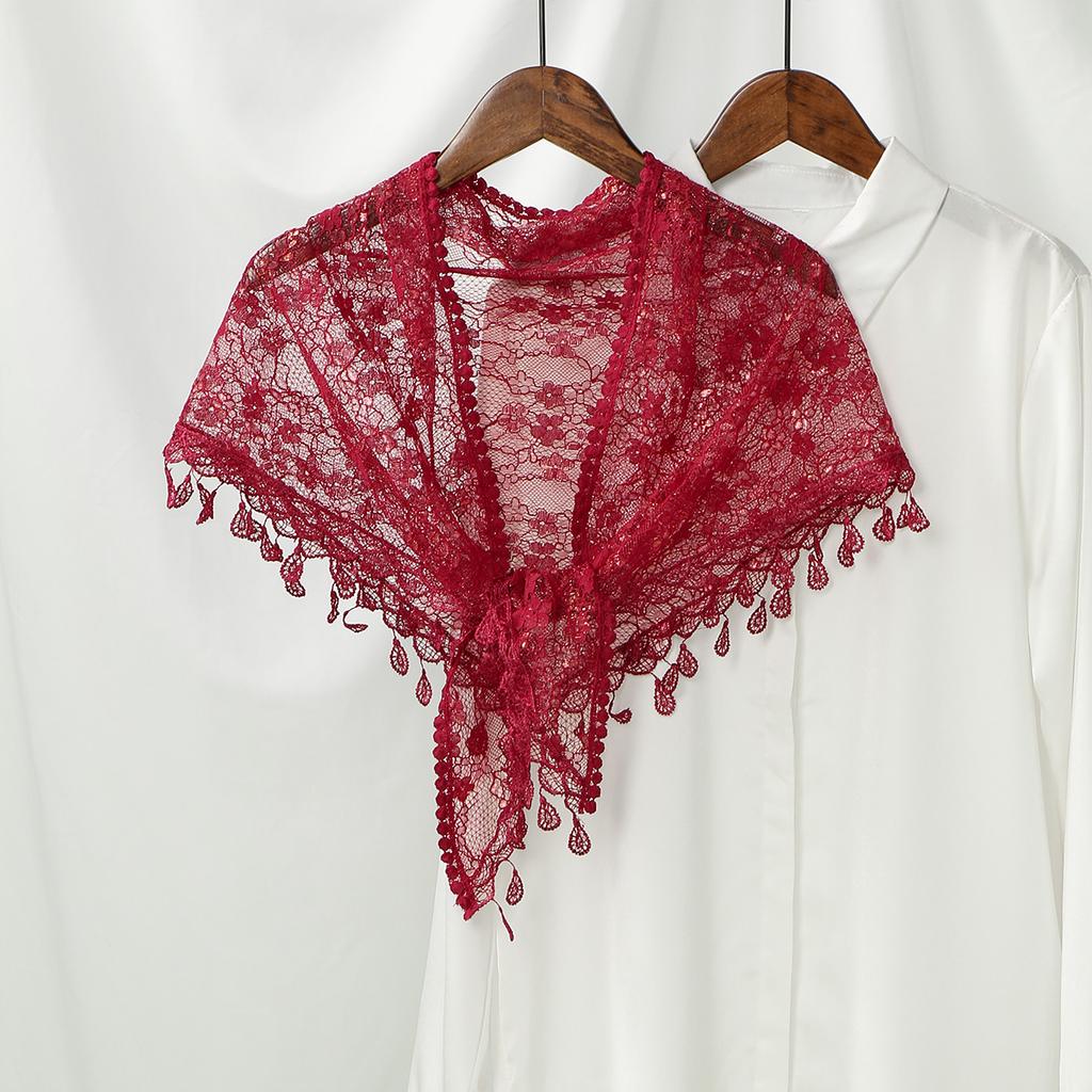 Women Lace Triangle Scarf With Tassel Embroidered Solid Color Shawls Veil Fashion Lightweight Prayer Hijab 160*50Cm