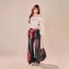 2025 Rot Kariert High Waist Wide-Leg Patchwork Jeans für Damen: Locker, Gerade, Bodenlang