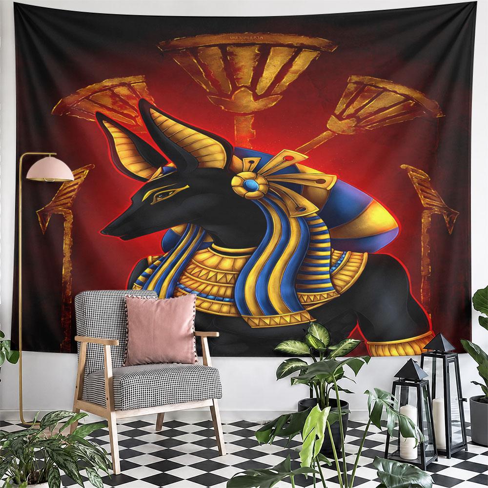 "Egyptian Anubis On Red Background" Pattern Wall Hanging Tapestry Decorative Tapestry Home Decor for Bedroom and Living Room