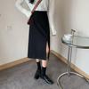 Women's Black High-Waist Midi Skirt with Side Slit, Plus Size, A-Line Design for Autumn/Summer 2024
