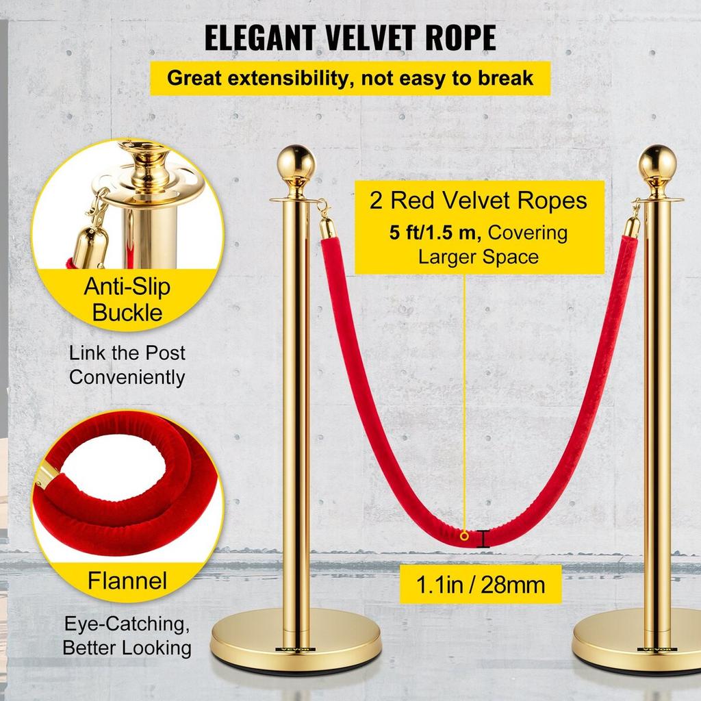 Velvet Ropes and Posts Gold Stanchion 5ft/1.5m Crowd Control Barriers 4PCS