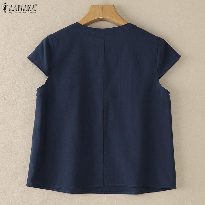 ZANZEA Women Casual V-Neck Solid Color Short Sleeve Cotton Blouse