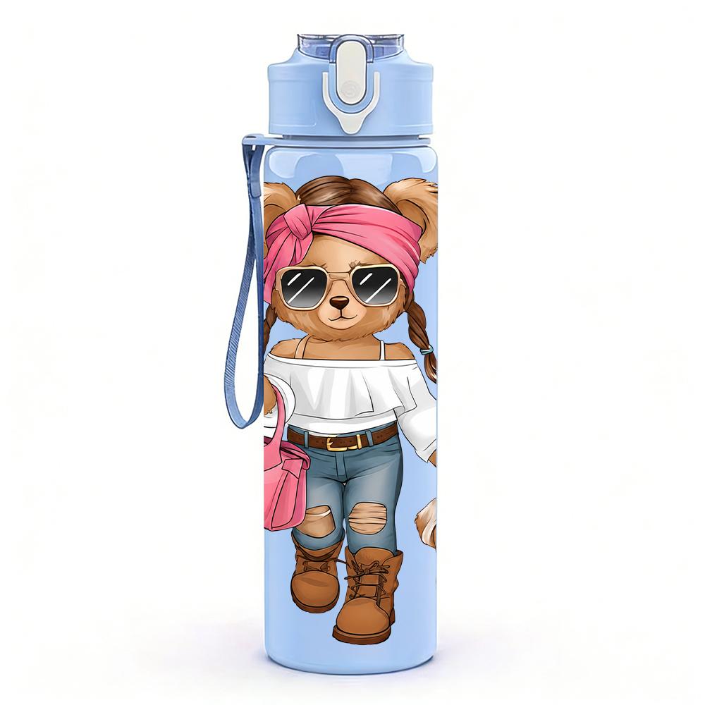 1PC Fashion Teddy Bear Puppy Cartoon 750ml Color Plastic Sports Water Bottle Leakproof Flip Straw Lid Suitable for Sports Office Home Use