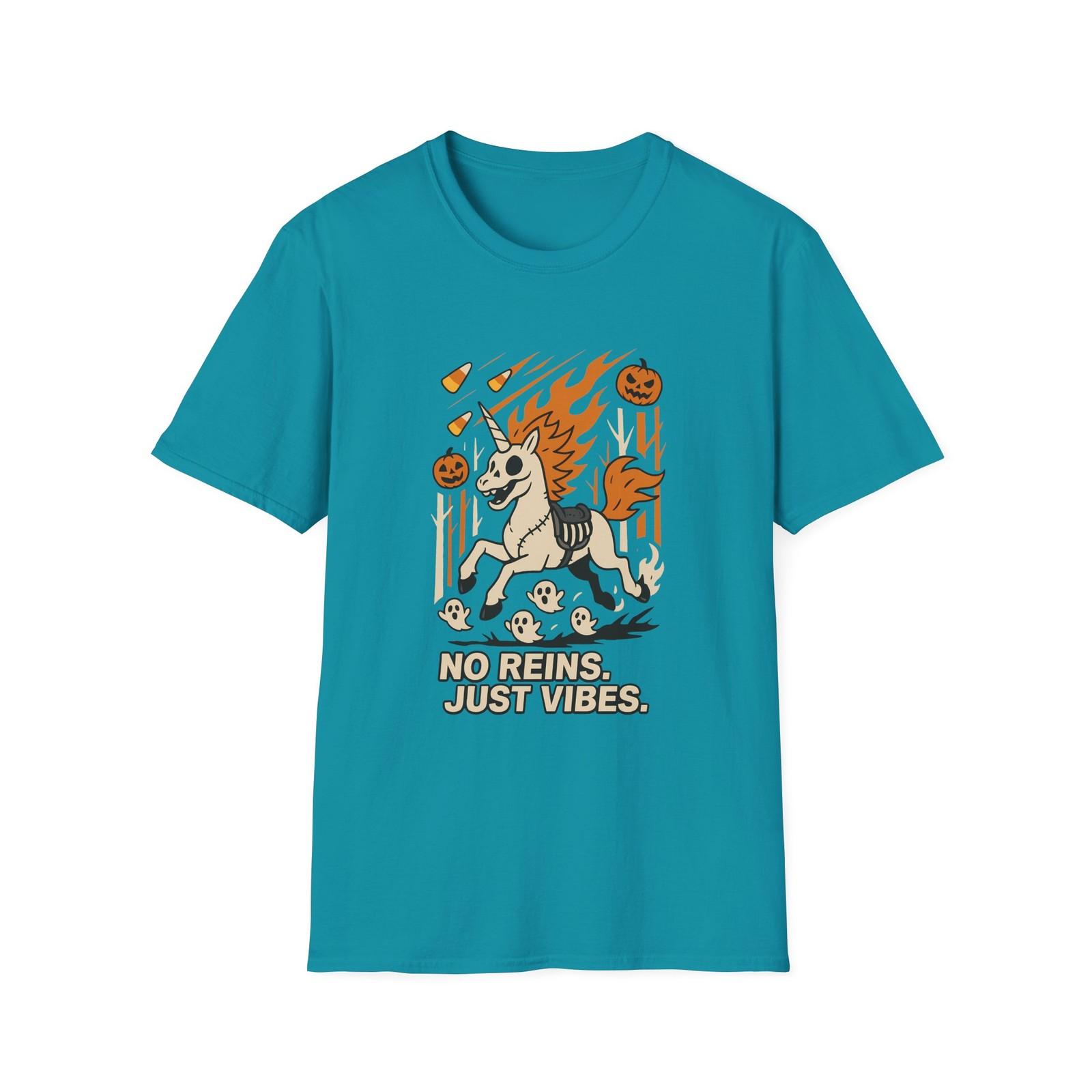 Unisex Softstyle T-Shirt Mens Womens Tees Top No Reins Just Vibes Skeleton Unicorn Halloween Ghost M