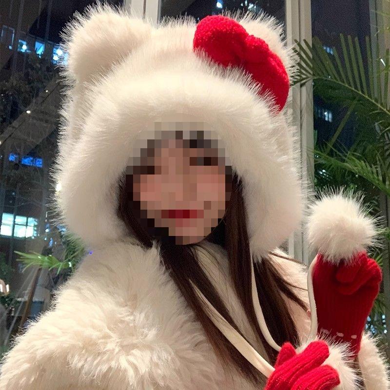 Women's Winter Ear Protection Christmas Bow Hat – Warm, Plush, and Cute for Students with Large Head Circumference.