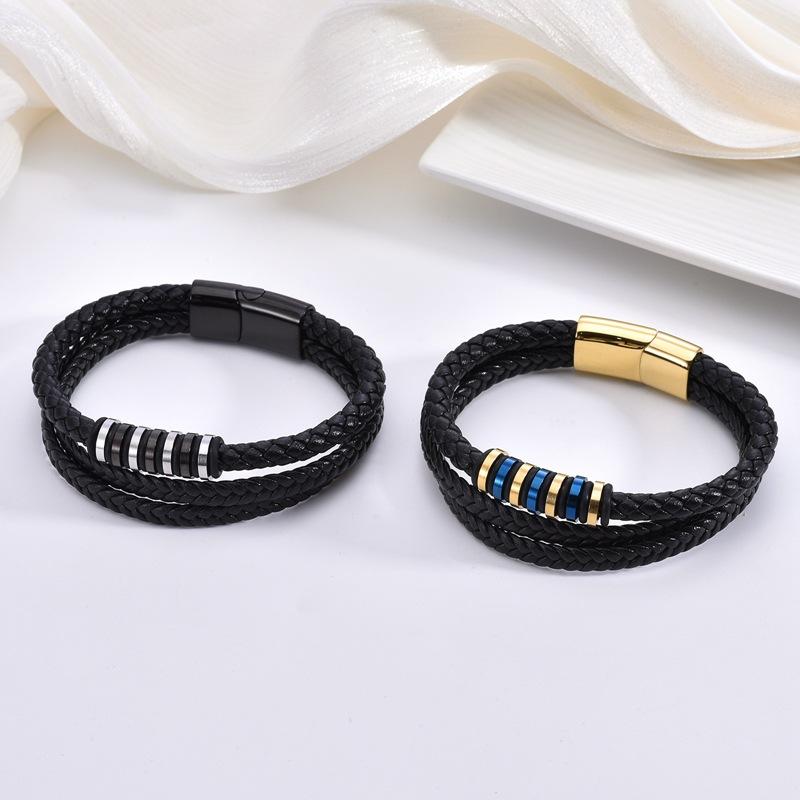 Hot Selling Gold-plated Stainless Steel Black Leather Bracelet, Hand Woven Magnetic Buckle, Men's Multi-layer Leather Bracelet