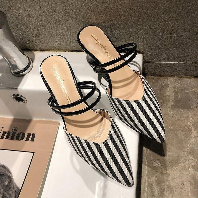Fashion Elegant Woman Heeled Shoes Luxury Heel Shoe Striped Black Summer Women Sandals Fashion Designer Summer New 2024 High Slippers