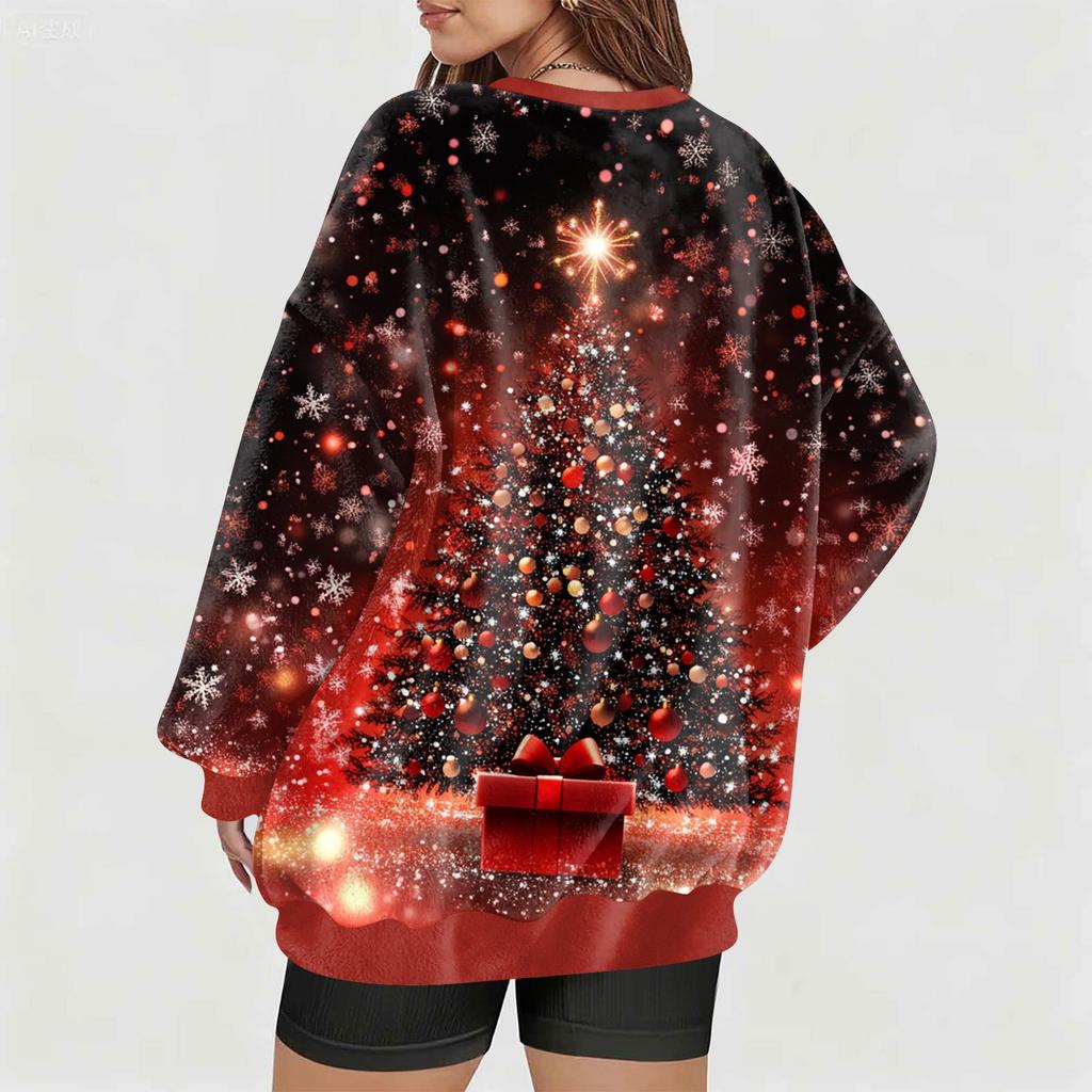 Women's Fashionable V-neck Christmas Printed Long Sleeved Casual Pullover Plush Warm Sweatshirt Top